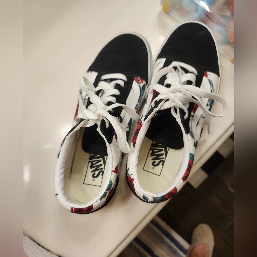Used Vans red black white floral roses shoes